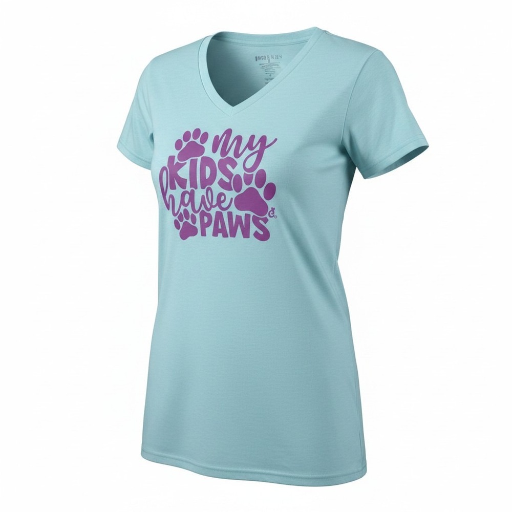 Cat Lady Box My Kids Have Paws V-Neck Graphic T-Shirt Aqua Blue Women XL